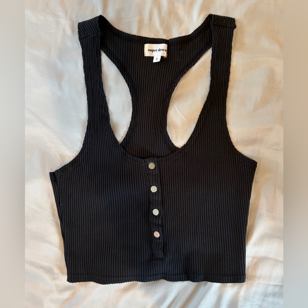 superdown Black Ribbed Button-Front Racerback Crop Top - Picture 1 of 3